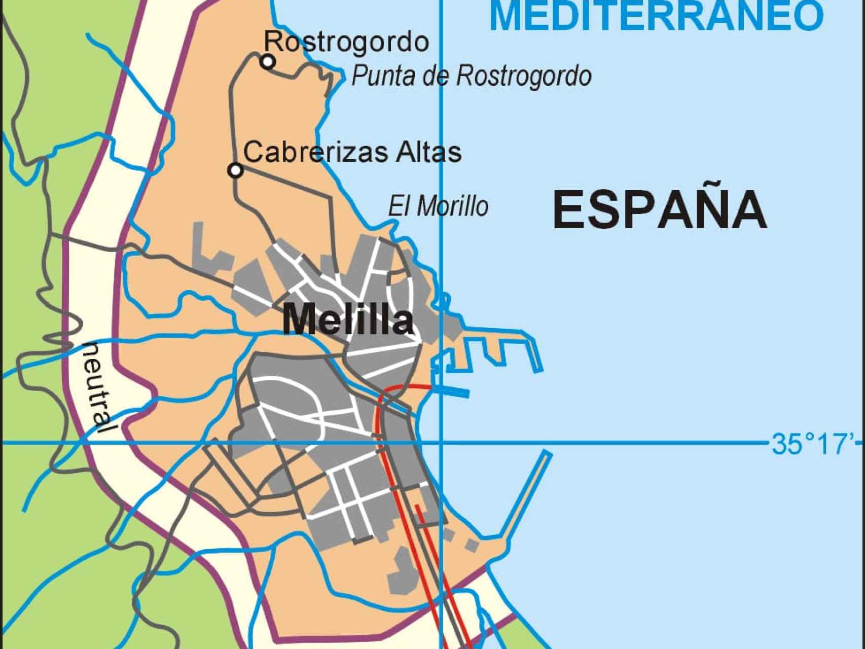 La franja neutral de 500 metros pactada por España y Marruecos en la frontera de Melilla.