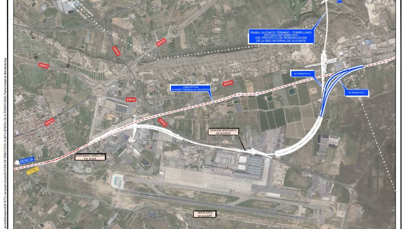 Mapa de las posibles alternativas de conexión con el aeropuerto de Alicante-Elche Miguel Hernández.
