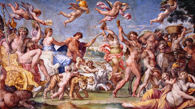 'Trijnfo de Baco y Ariadna' en una obra de Annibale Carraci. Pintura al óleo en la bóveda del Palacio Farnesio de Roma.