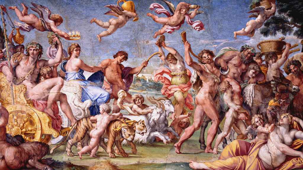 'Trijnfo de Baco y Ariadna' en una obra de Annibale Carraci. Pintura al óleo en la bóveda del Palacio Farnesio de Roma.