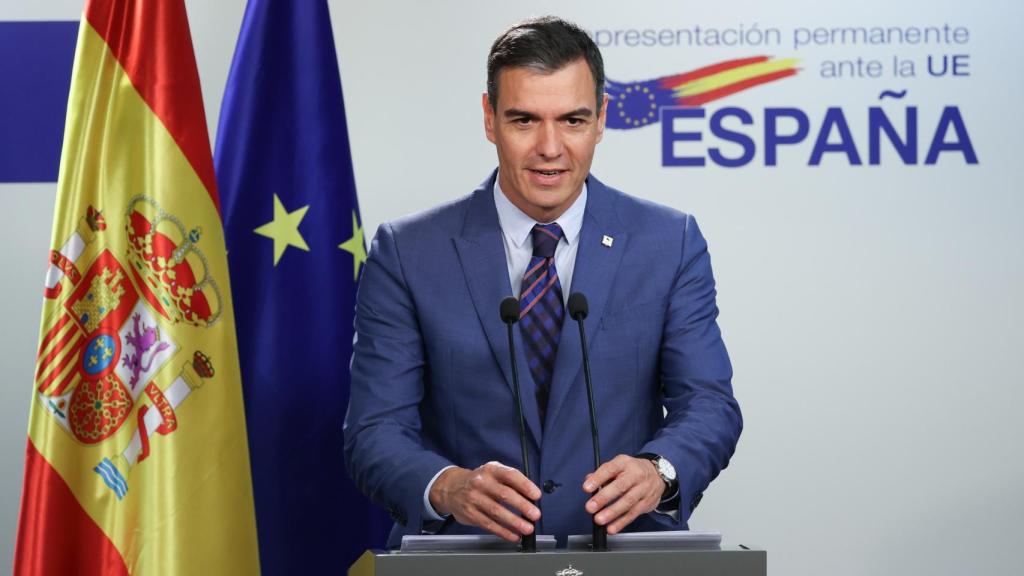 El presidente del Gobierno, Pedro Sánchez, durante la rueda de prensa de este viernes en Bruselas.