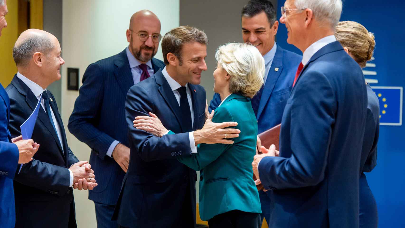 Olaf Scholz, Charles Michel, Pedro Sánchez, Emmanuel Macron y Ursula von der Leyen, durante el Consejo Europeo de este viernes