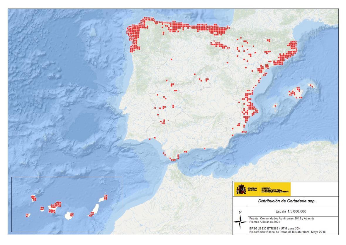 Distribución de Cortaderia en España (Ministerio de Transición Ecológica y Reto Demográfico)