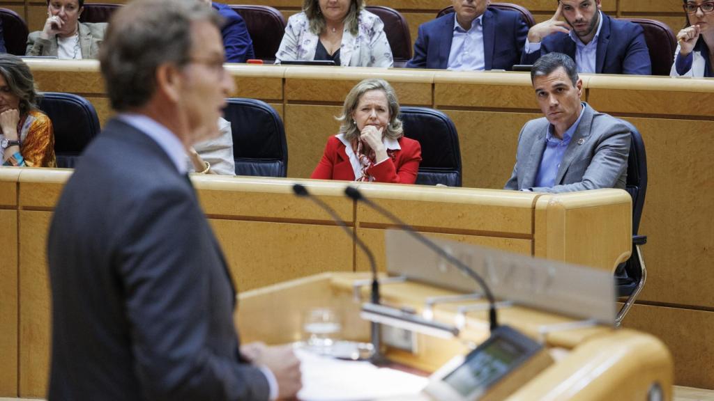 Pedro Sánchez observa a Alberto Núñez Feijóo durante el último debate sobre política económica en el Senado.