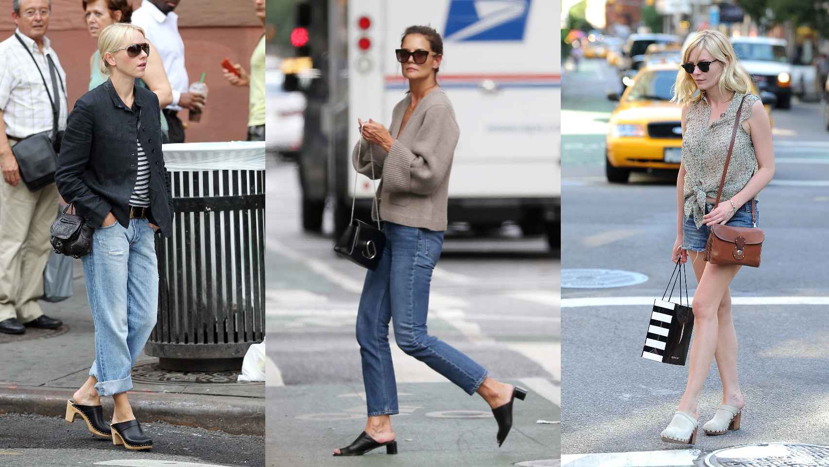 De izquierda a derecha, las actrices Naomi Watts, Katie Holmes y Kristen Dunst paseando por Nueva York