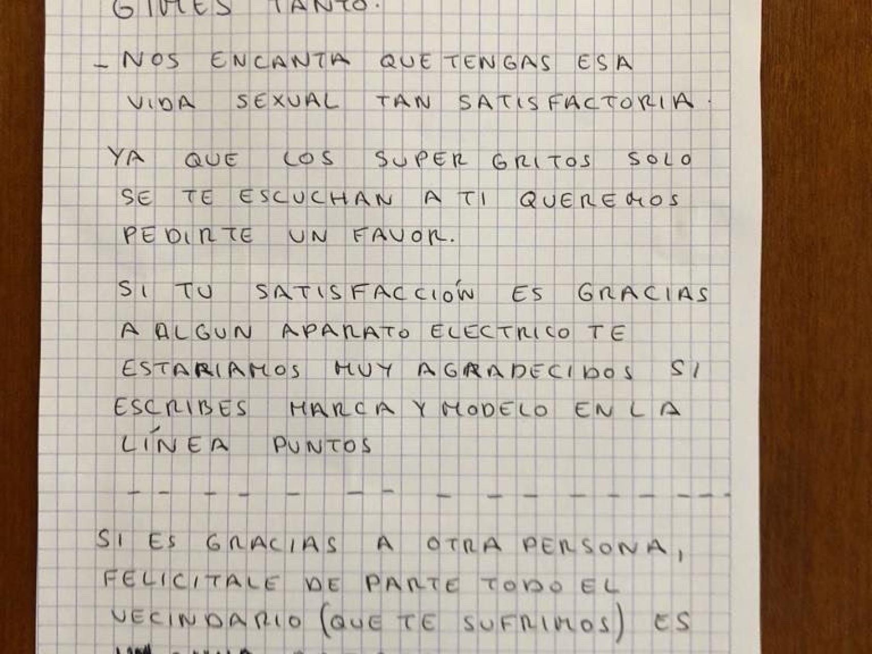 La desternillante carta de un vecindario harto de los gemidos de su vecina:  