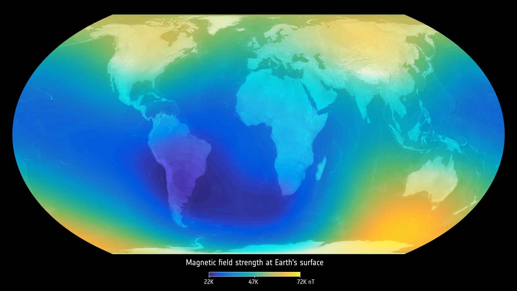 Potencia del campo magnético a lo largo del planeta.