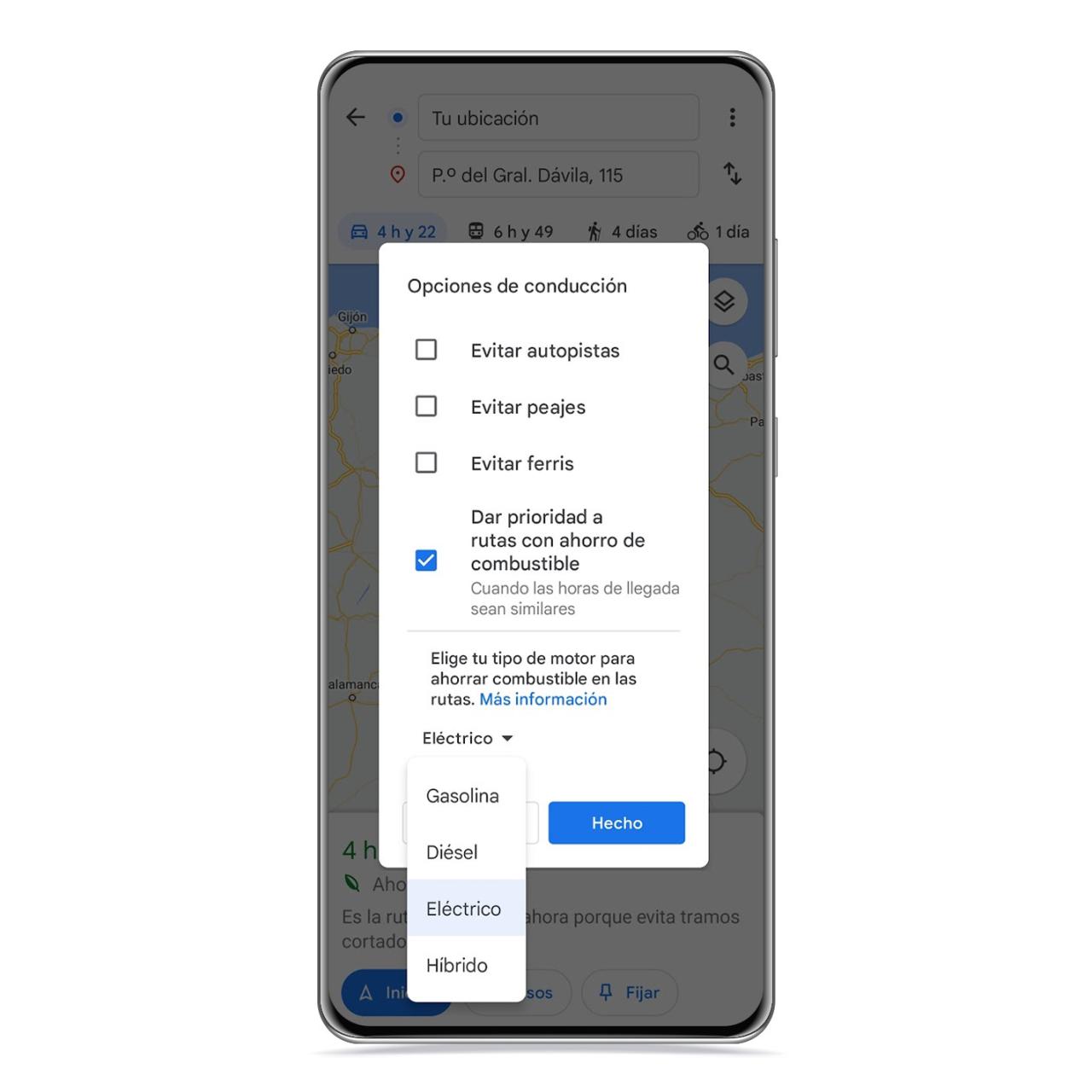 Opciones de ruta con coche eléctrico
