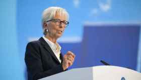 Christine Lagarde, presidenta del BCE, durante la rueda de prensa posterior a la reunión de tipos del jueves.
