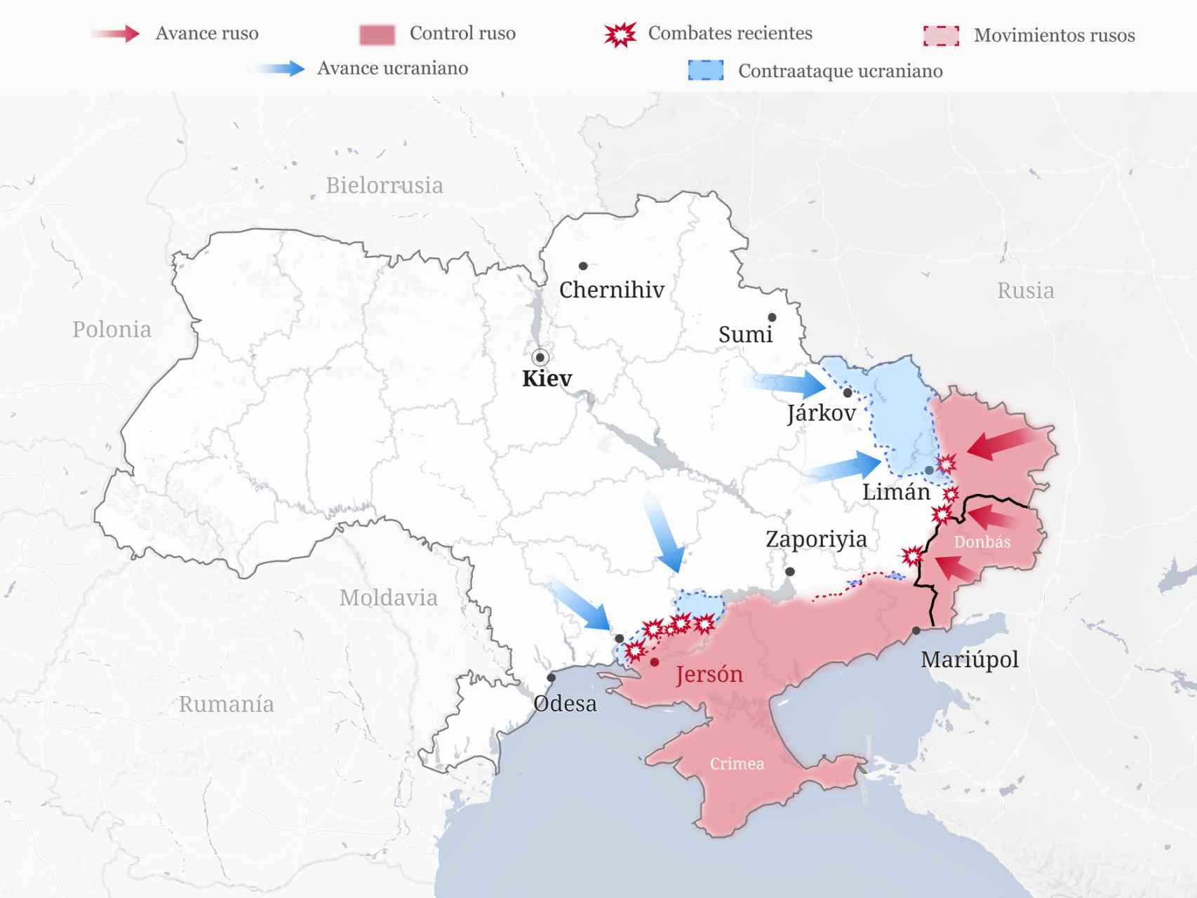 Mapa de las operaciones militares en Ucrania, actualizado a 17 de octubre.