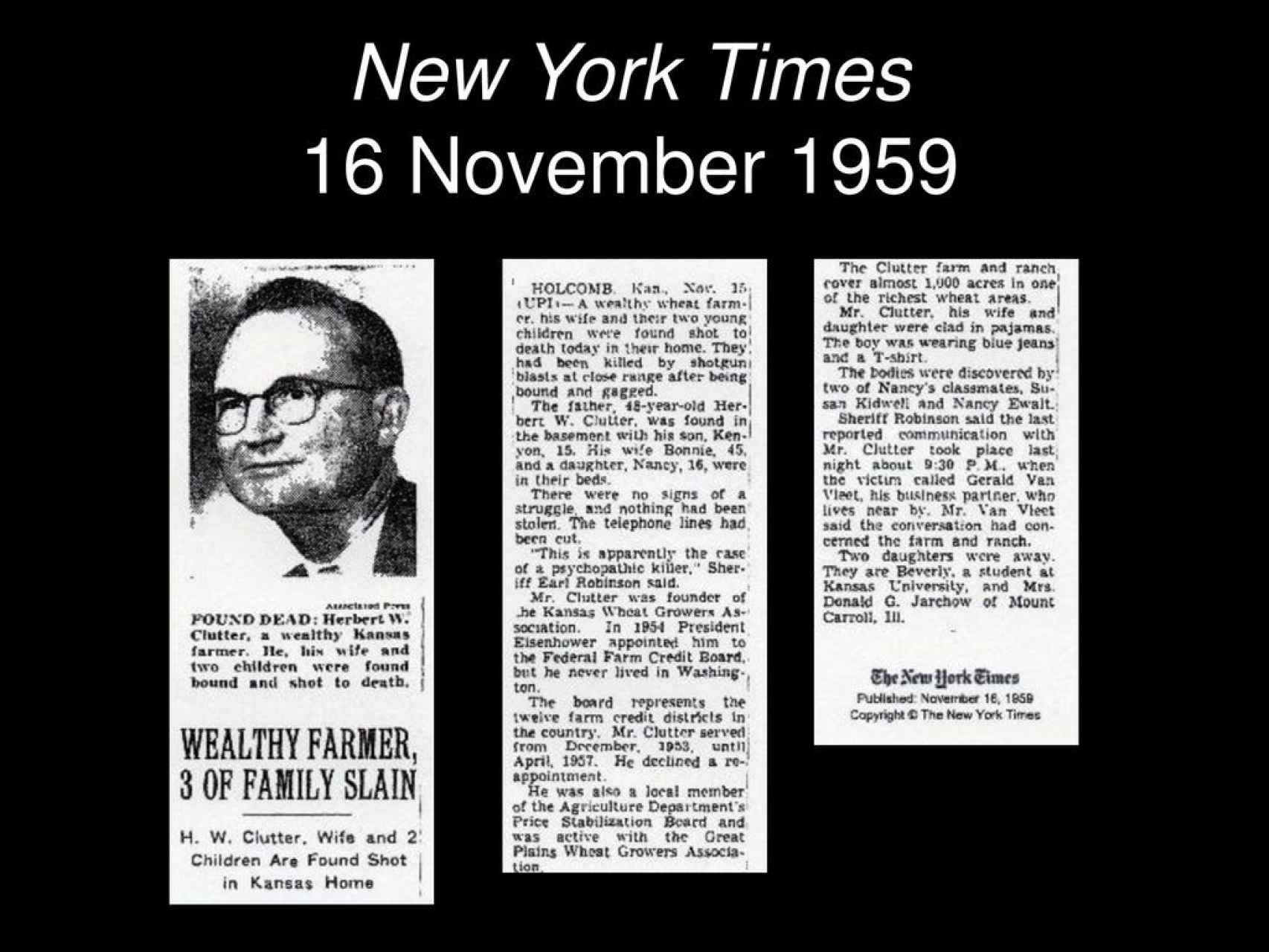 Noticia aparecida en The New York Times, el 16 de Noviembre de 1959, que fascinó a Capote.