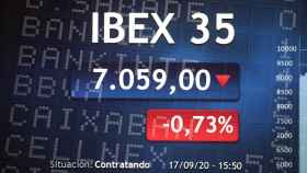 Panel de la bolsa de Madrid en el que aparecen las cotizaciones de los bancos del Ibex 35.