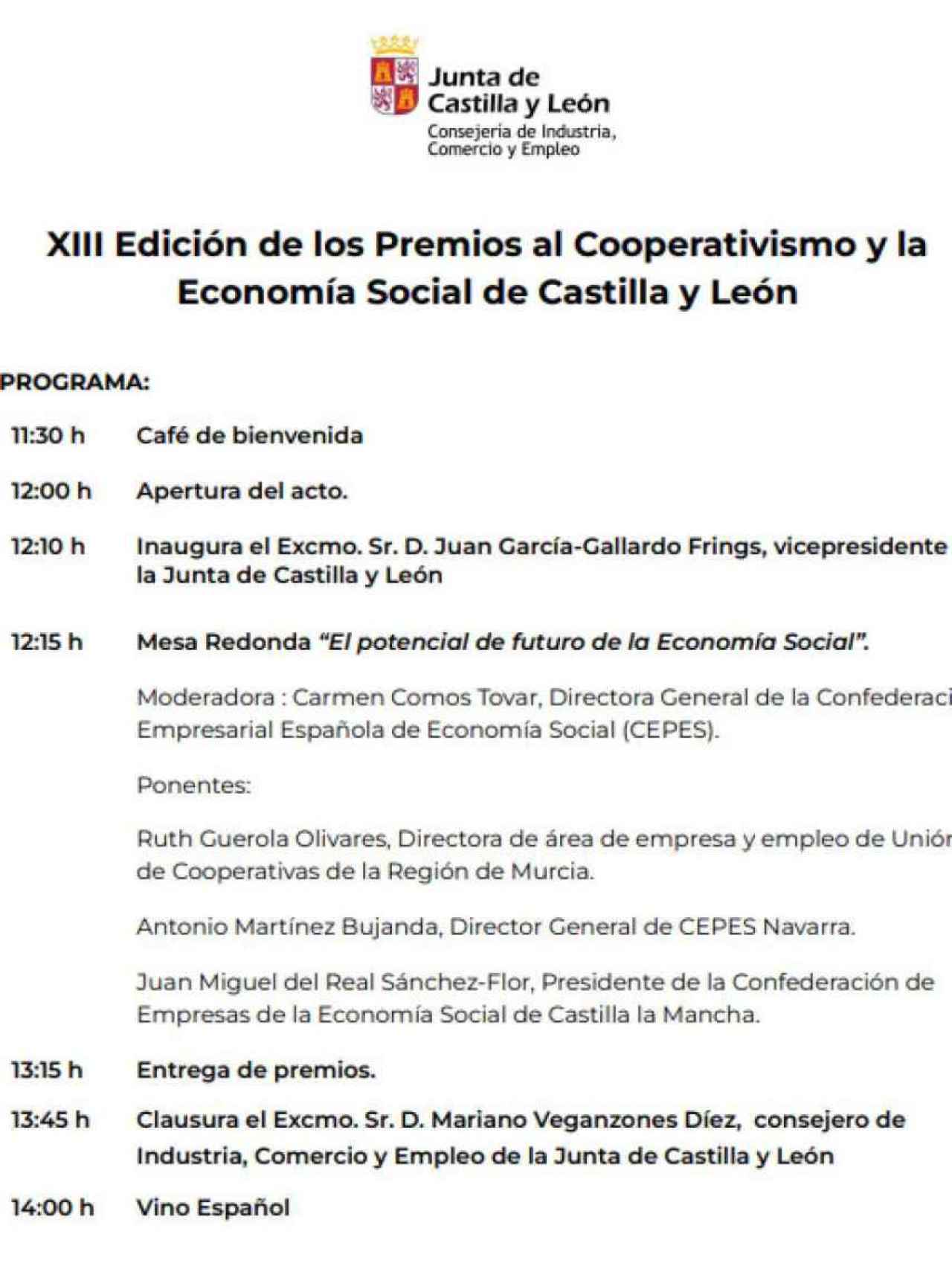 Programa completo de los premios Castilla y León al Cooperativismo y Economía Social.