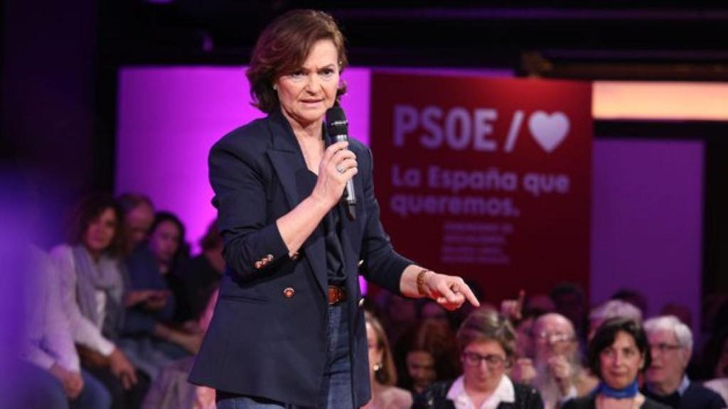 La exvicepresidenta del Gobierno Carmen Calvo, en un acto de partido por el 8-M