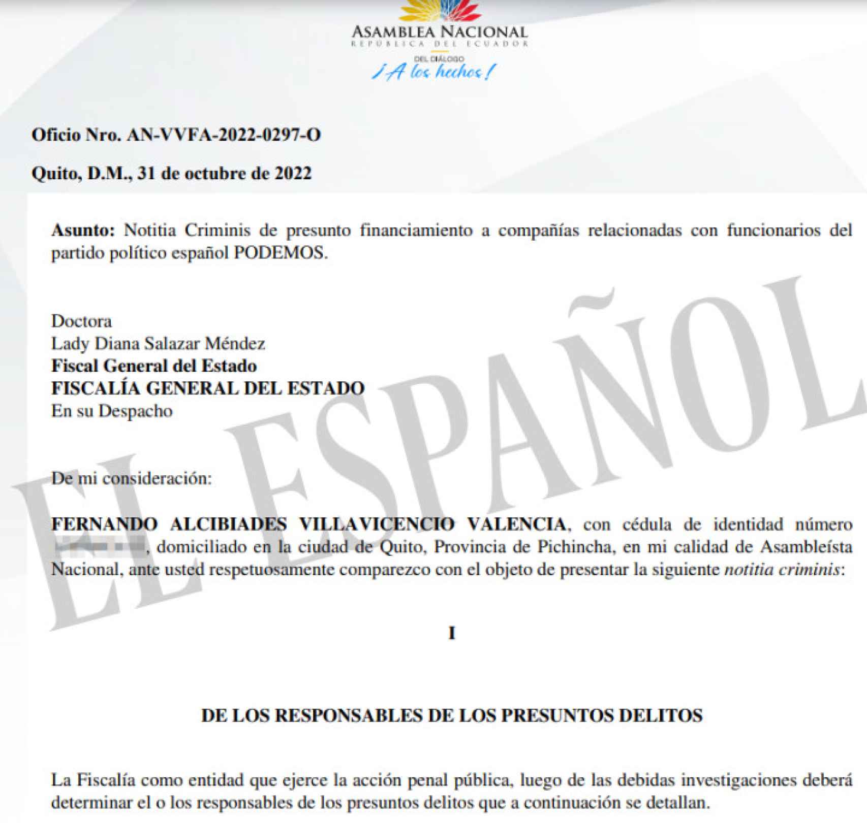 Encabezamiento de la denuncia presentada por el diputado Fernando Villavicencio ante la Fiscalía General del Estado de Ecuador.