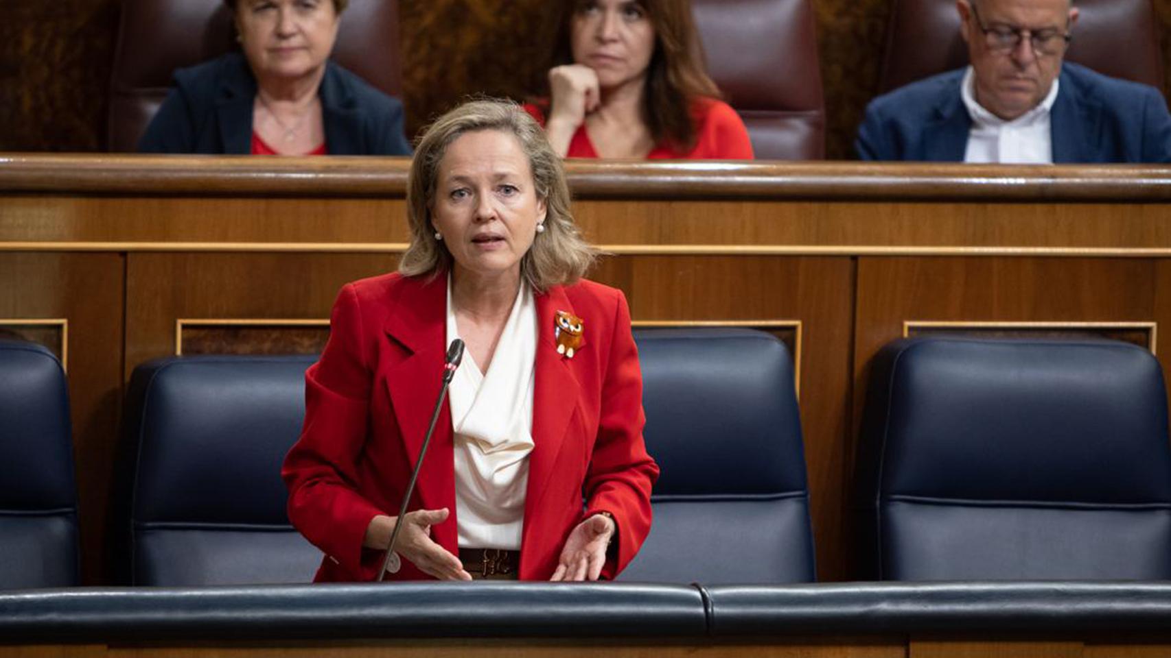 La vicepresidenta primera y ministra de Asuntos Económicos y Transformación Digital, Nadia Calviño, durante su defensa del Proyecto de Ley de fomento del ecosistema de las empresas emergentes.