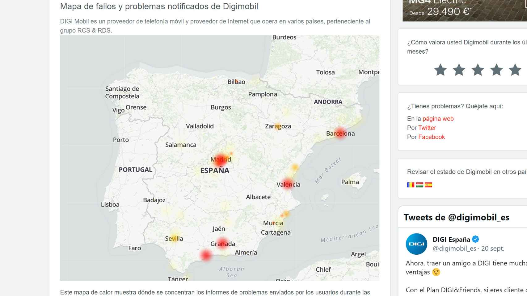 Ciudades afectadas por la caída de Digi Mobil en Down Detector