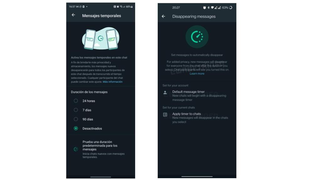 Mensajes temporales de WhatsApp ahora y con la actualización