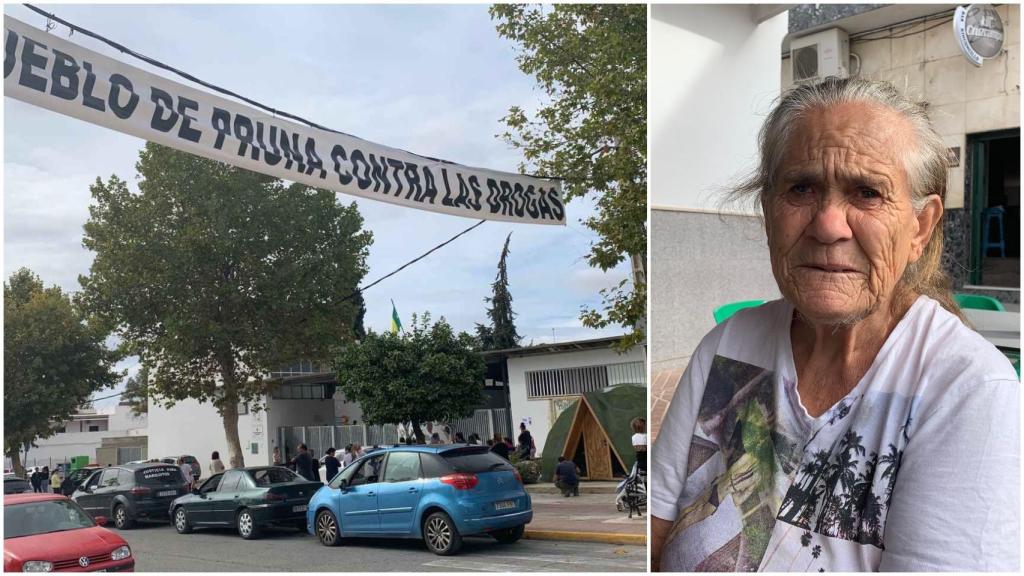 Pancarta reivindicativa a la entrada del Pruna, frente a un centro escolar público, e Isabel, con 9 hijos adictos.