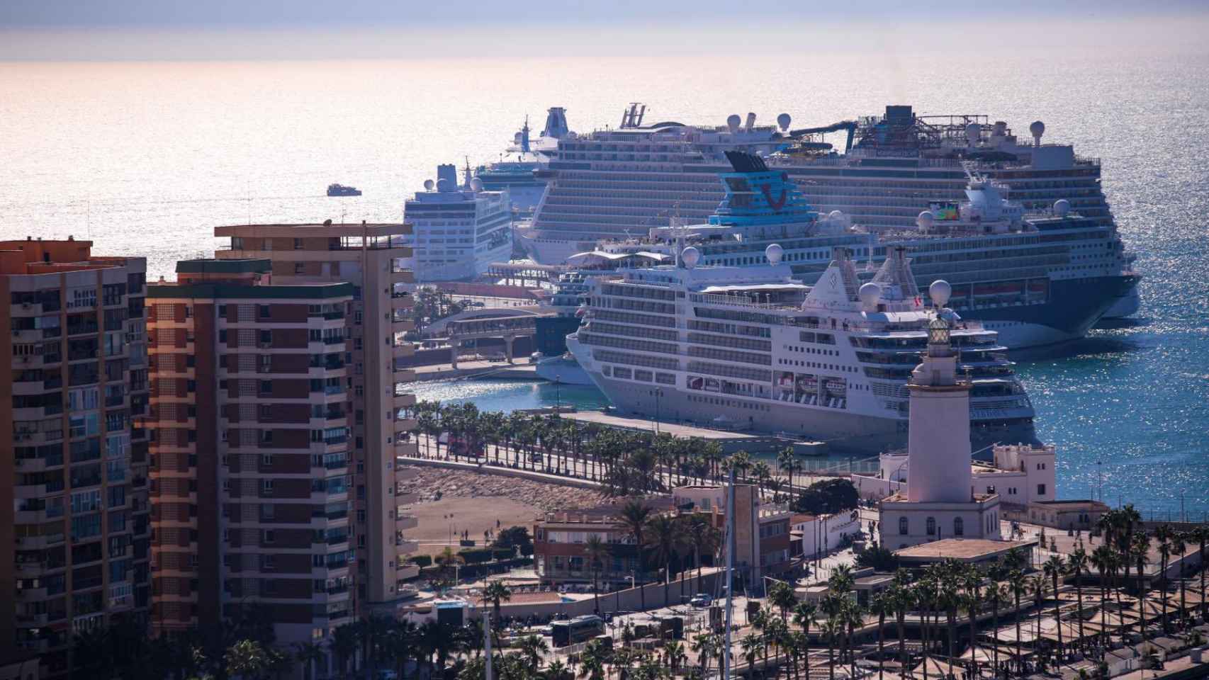 Imagen de varios de los cruceros llegados a Málaga tomada desde la zona de Gibralfaro.
