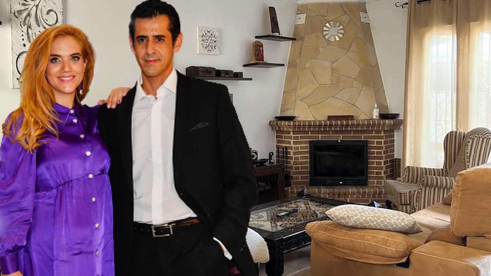 Beatriz Trapote y Víctor Janeiro junto a su casa en alquiler, en un montaje de JALEOS.