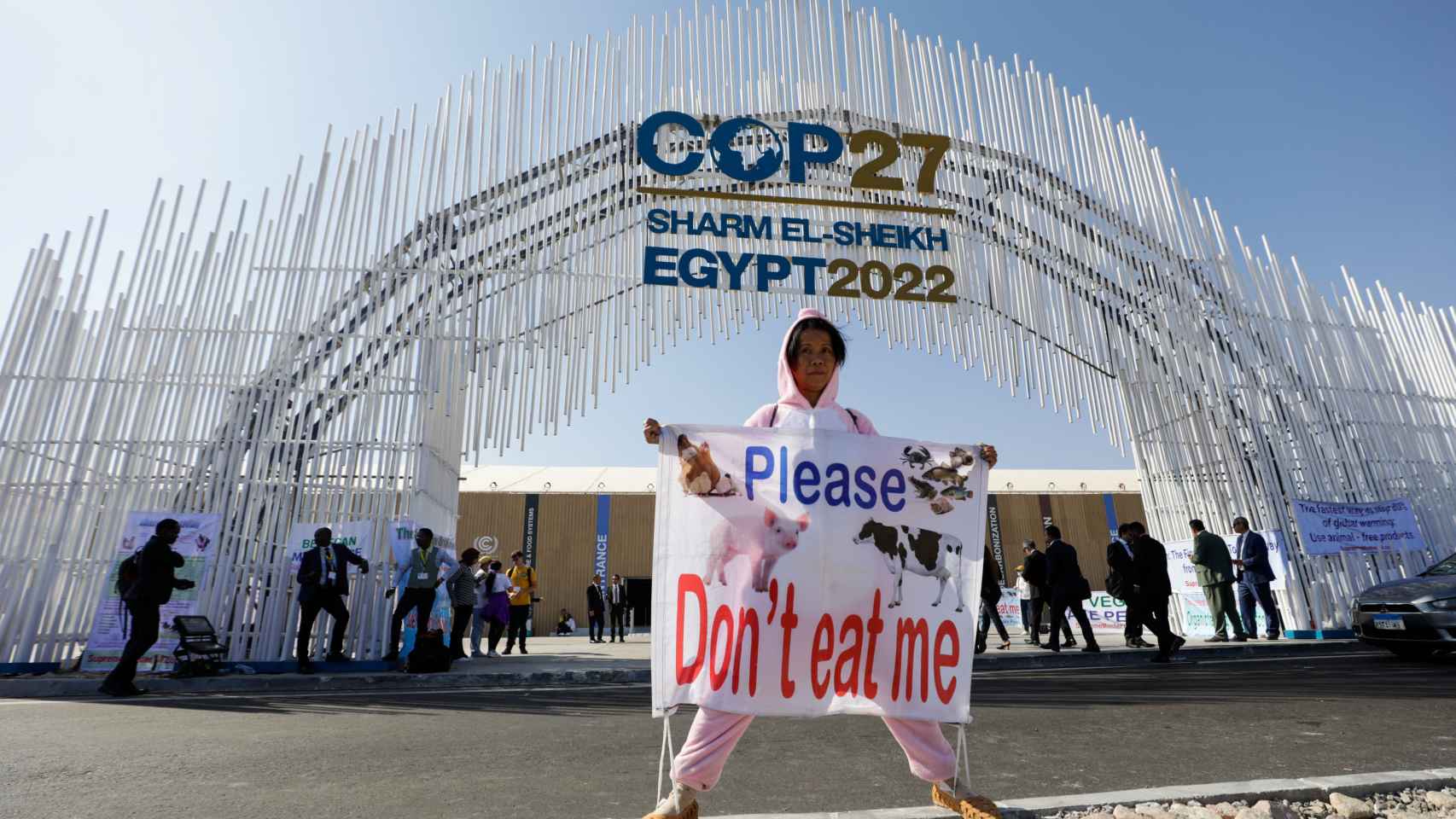 Una activista a las puertas del centro de conferencias de Sharm el-Sheikh (Egipto)