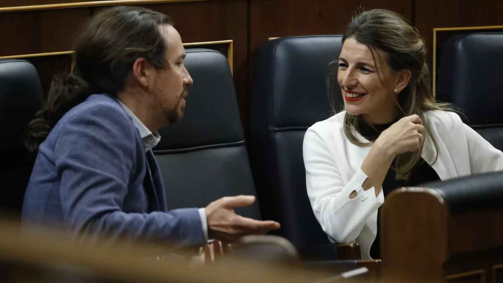 Pablo Iglesias y Yolanda Díaz, en los bancos del Gobierno en el Congreso, en una imagen de archivo.