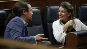Pablo Iglesias y Yolanda Díaz, en los bancos del Gobierno en el Congreso, en una imagen de archivo.