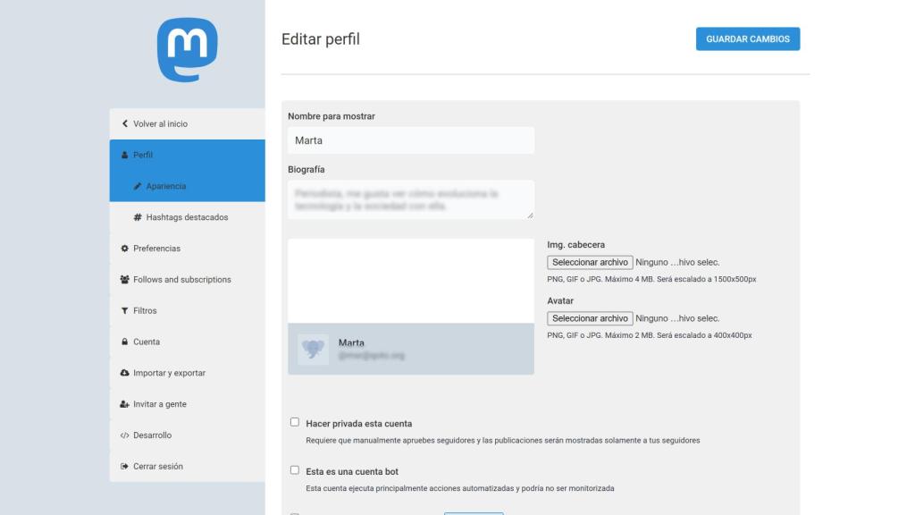 Editor de perfil en Mastodon