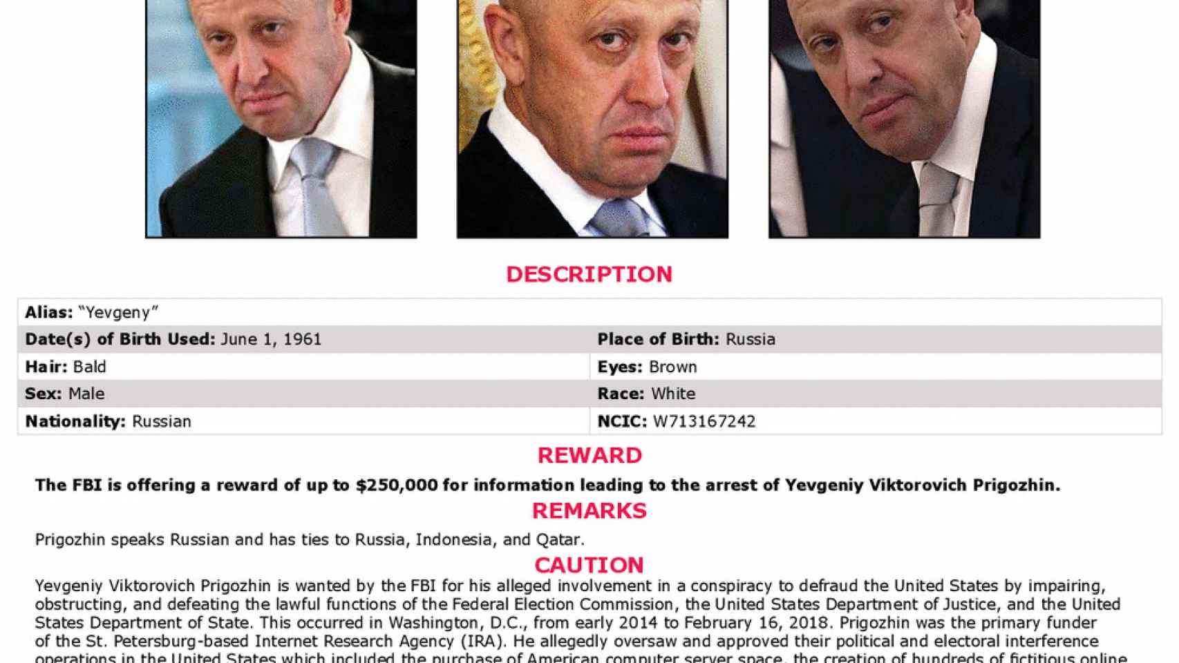 El empresario Yevgeny Prigozhin en el documento de búsqueda del FBI.