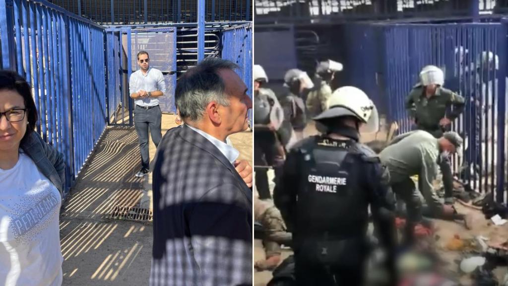 Ana Vázquez (PP) y Enrique Santiago (UP), el lunes en la visita de la Comisión de Interior del Congreso a la frontera de Melilla, en el mismo recinto al que saltaron los inmigrantes el 24 de junio pasado.