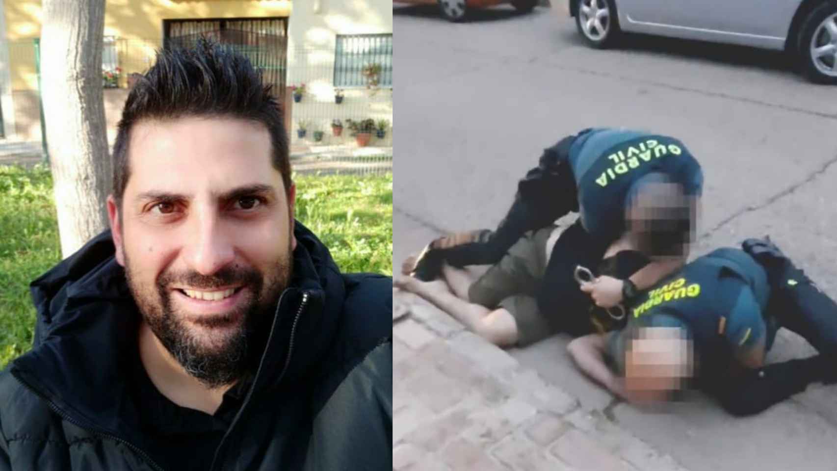 Carlos Bejarano, en una foto familiar, y en el suelo cuando era reducido por dos guardias civiles, en el vídeo que grabó su padre.