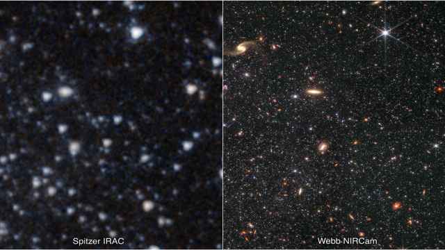 Comparativa de  Spitzer y  Webb retratando la galaxia enana WLM