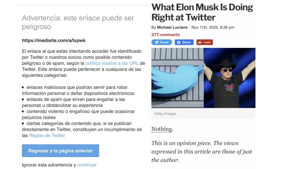 Advertencia de contenido peligroso en Twitter de un artículo crítico con Musk