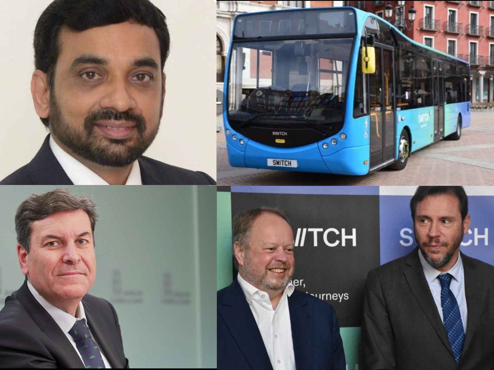 Mahesh Babu, nuevo CEO de Switch; un autobús de la firma; Carlos F. Carriedo, consejero de Economía y Hacienda; y Andrew Palmer, ex CEO de Switch junto a Óscar Puente, alcalde de Valladolid