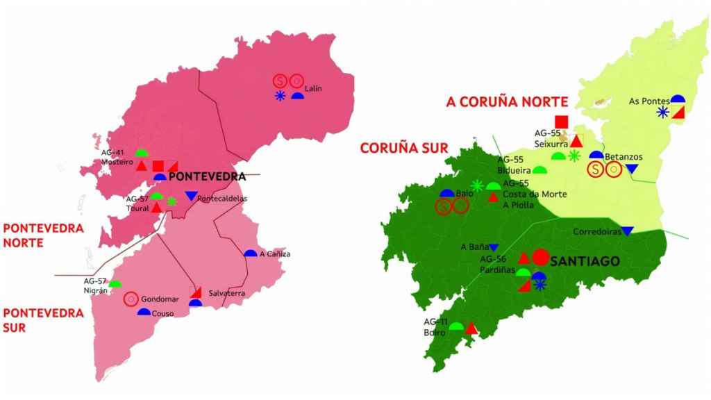 Planos con la situación de los medios disponibles en Pontevedra y A Coruña.