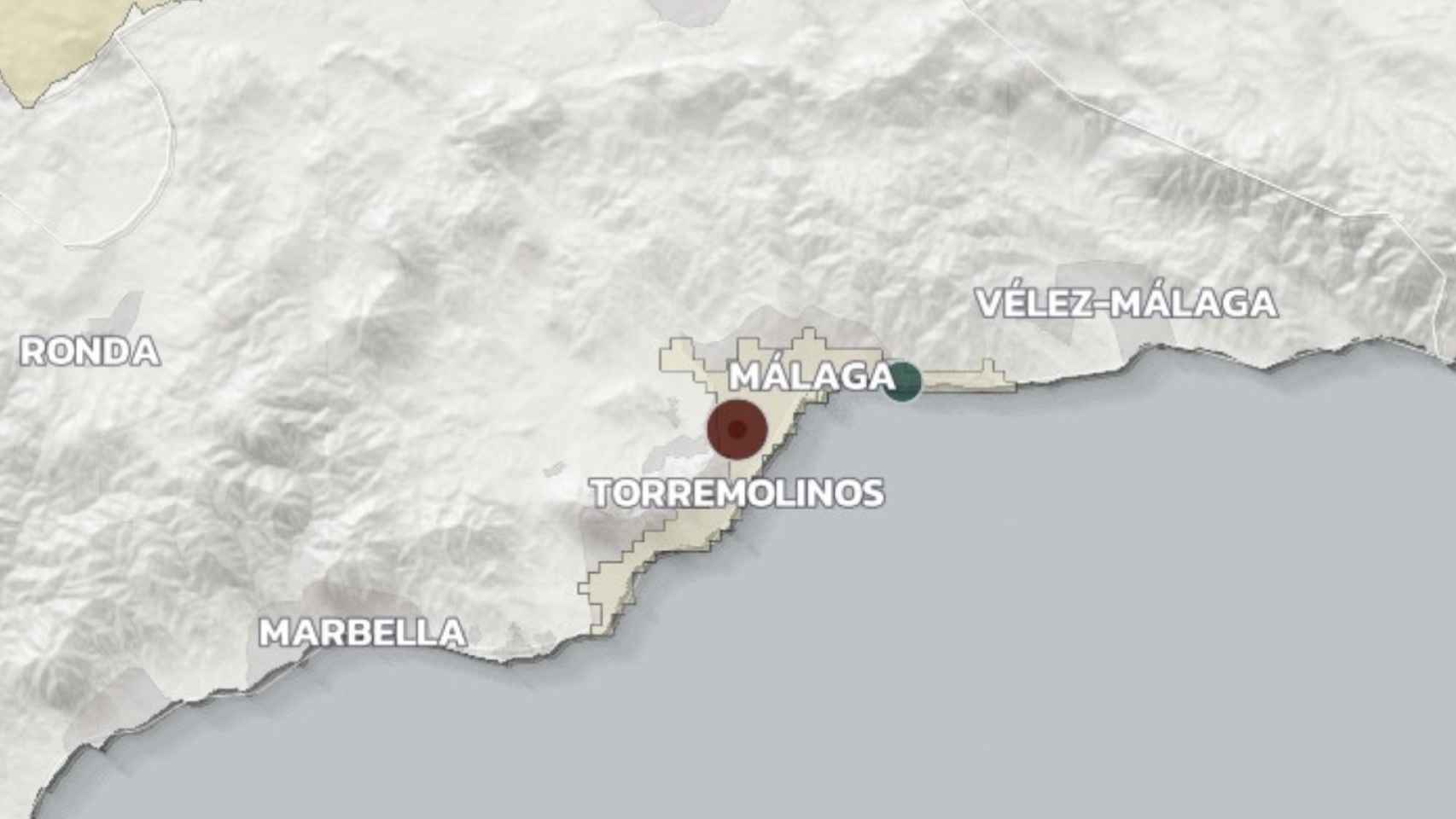 Mapa de la provincia de Málaga y sus tres puntos negros de contaminación.