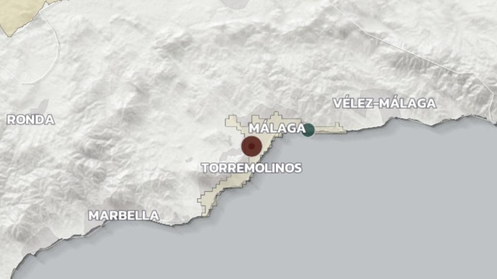 Mapa de la provincia de Málaga y sus tres puntos negros de contaminación.