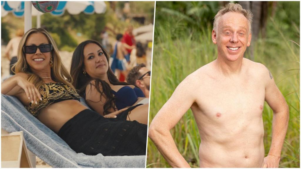 Mike White en 'Survivor' y dos de sus compañeras de tribu en 'The White Lotus'