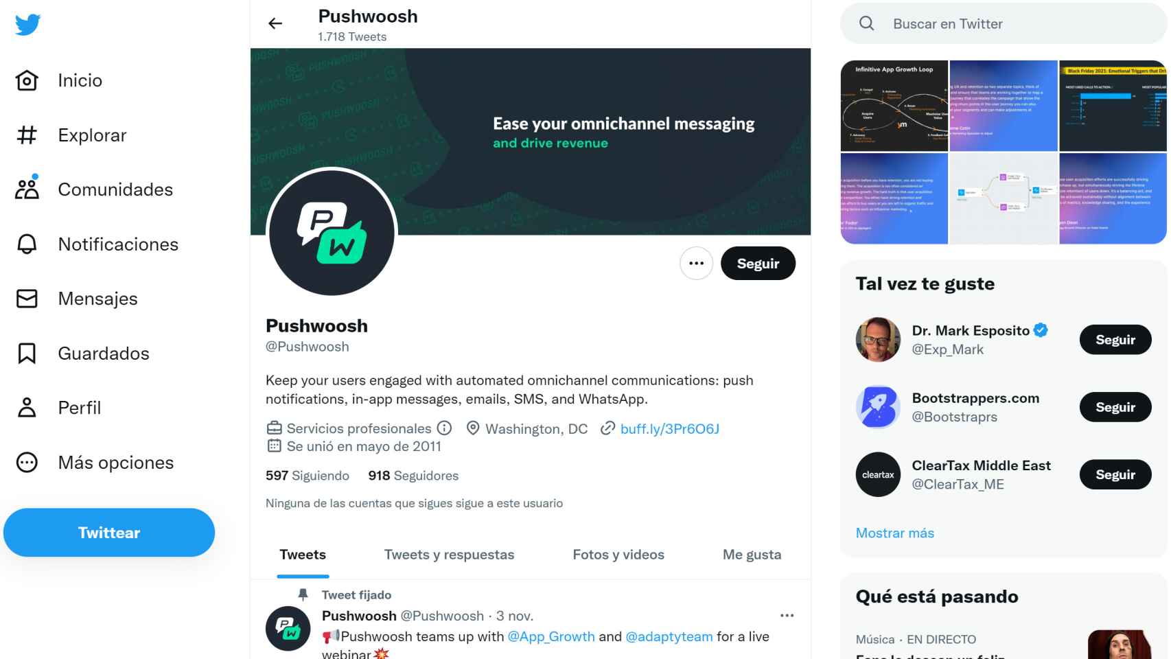 Perfil de Pushwoosh en Twitter