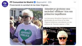 Captura del tuit del PP de la Comunidad de Madrid sobre Almodóvar.