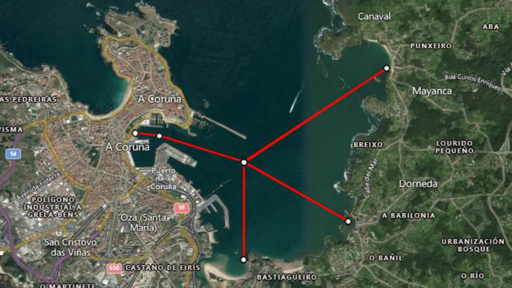 Los tres trayectos entre A Coruña y Mera, Santa Cruz y Santa Cristina, dibujados sobre la ría.