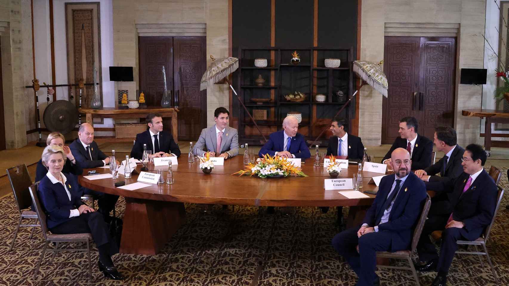 Imagen de la reunión que ha mantenido Biden con sus aliados, entre ellos Pedro Sánchez.