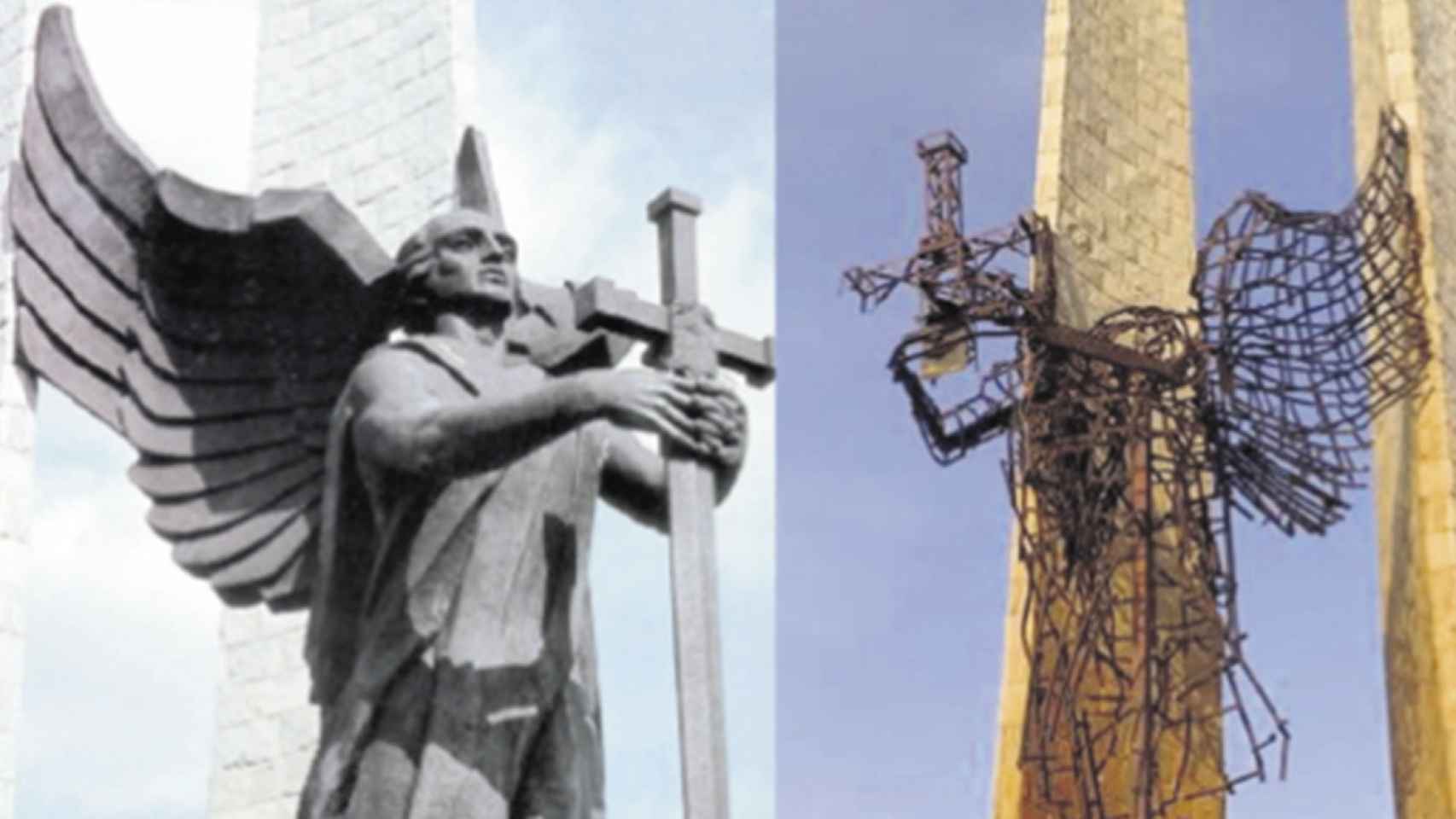 Comparación del Ángel de Valdepeñas antes del atentado que lo destruyó parcialmente y después del la explosión