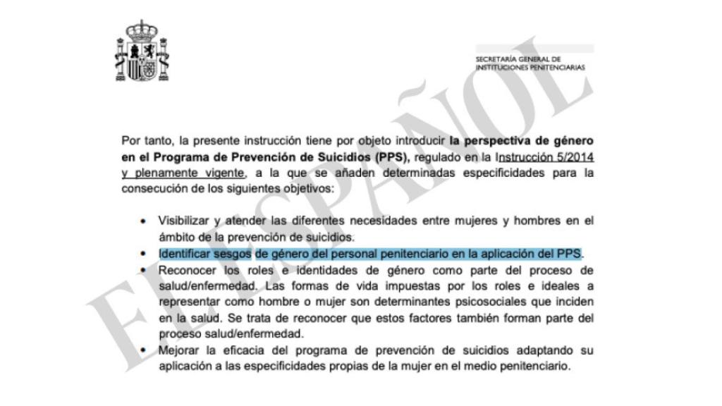 Fragmento de la instrucción dictada por Instituciones Penitenciarias.