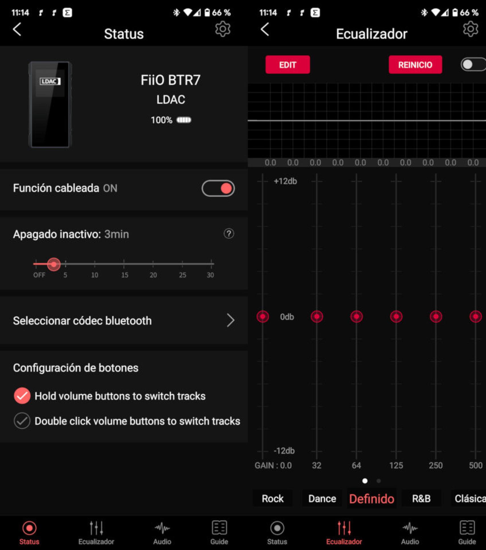 La app de FiiO para Android permite configurar varios aspectos del BTR7