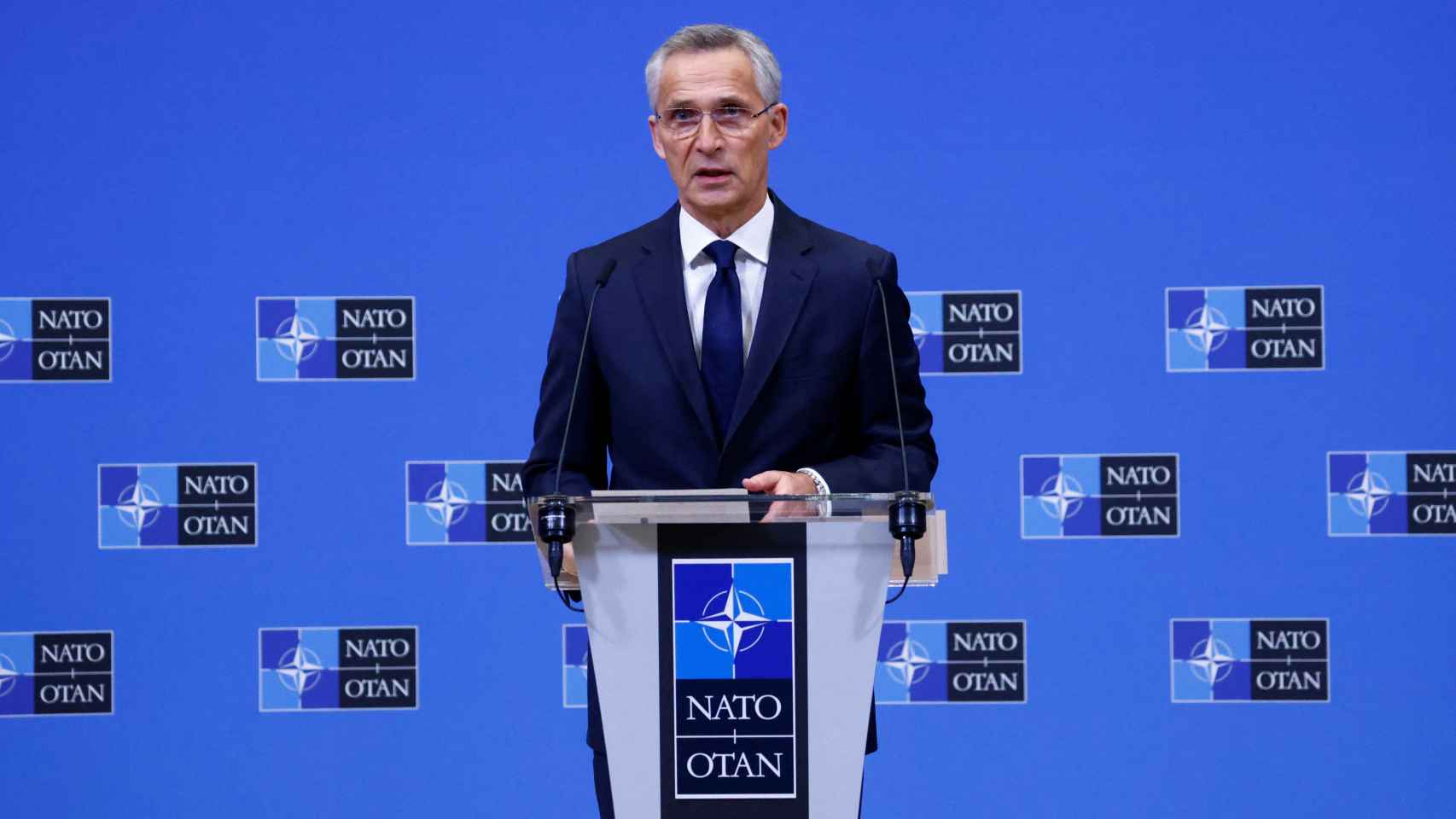 Jens Stoltenberg, secretario general de la OTAN, este miércoles en rueda de prensa.