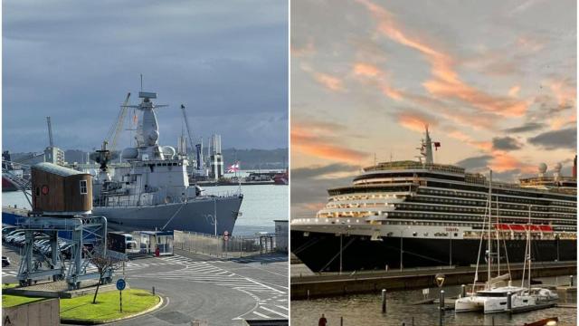 El buque militar y el crucero Queen Victoria