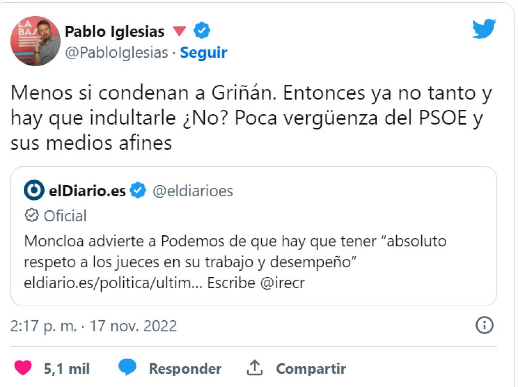 El mensaje publicado el jueves por Pablo Iglesias en Twitter.