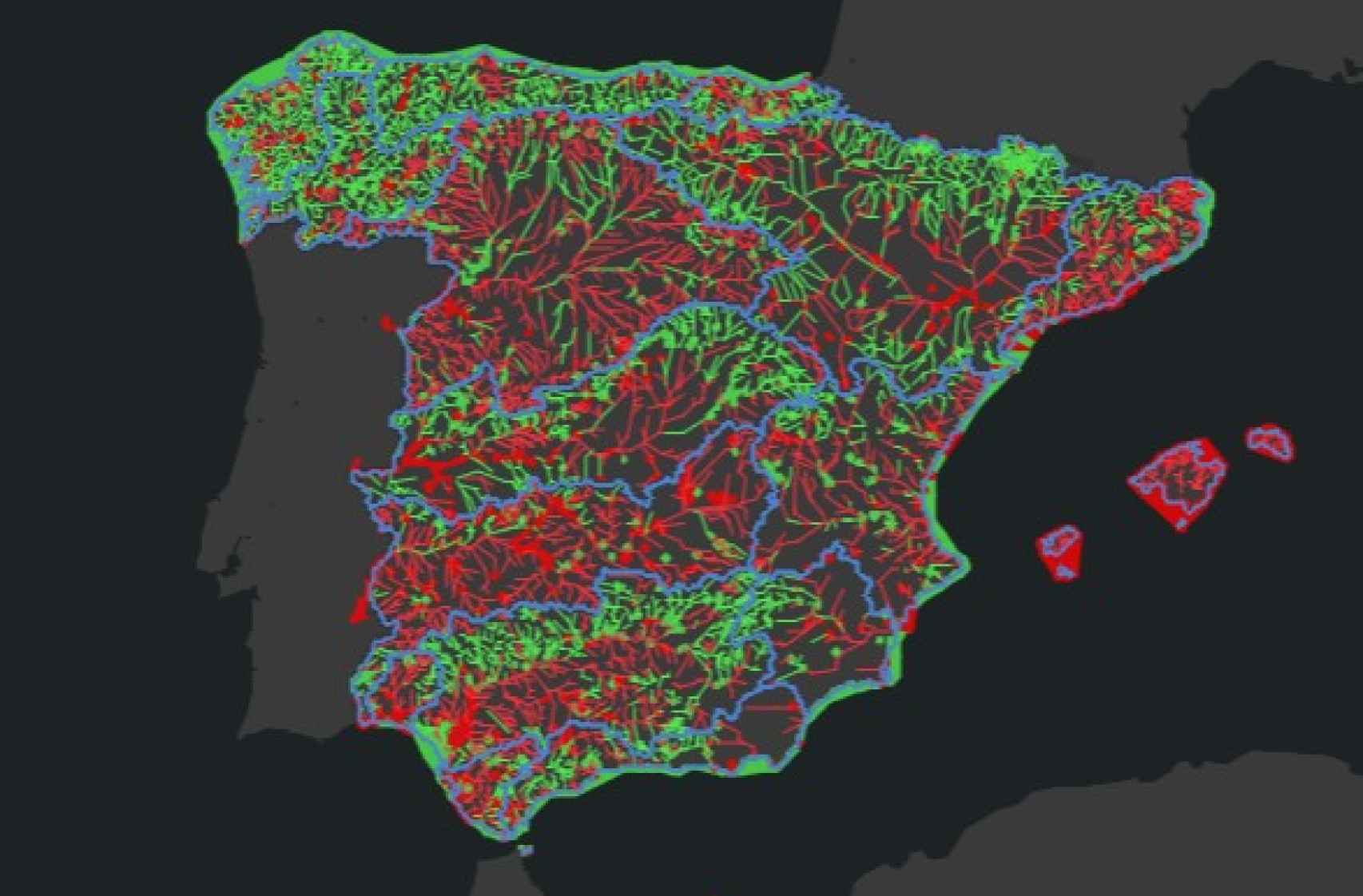 Mapa del estado de las aguas superficiales. En rojo, los ríos de España en mal estado.